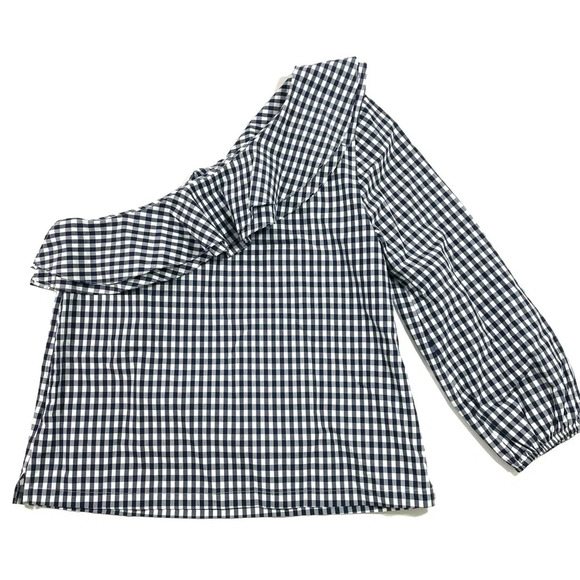 J Crew Gingham One Shoulder Top Blouse Blue H0857 - Picture 3 of 8
